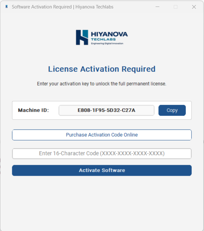 Software Activation Required screen showing the Machine ID and a field to enter a 16-character activation code