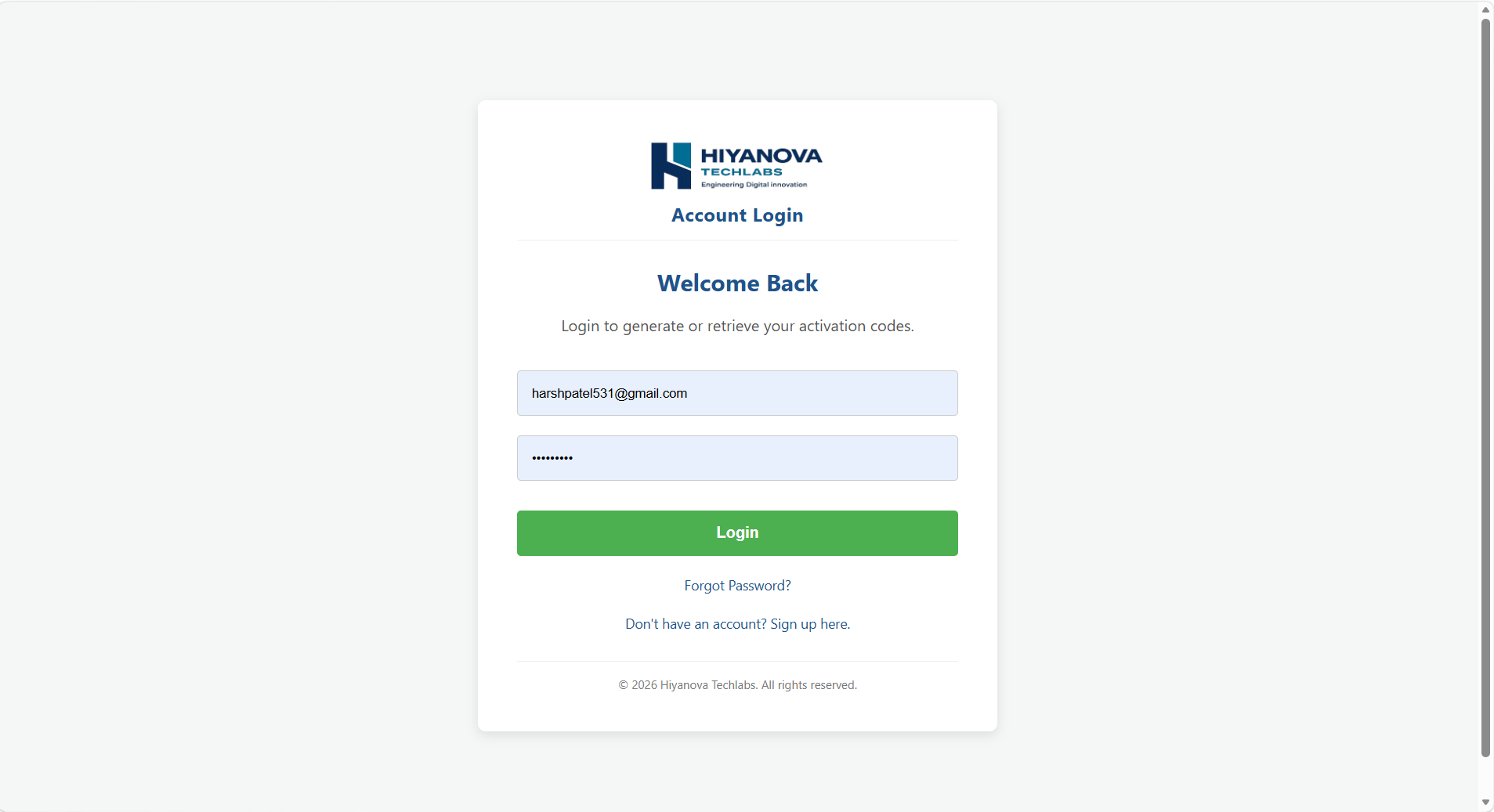 Account login screen for the Hiyanova License Portal