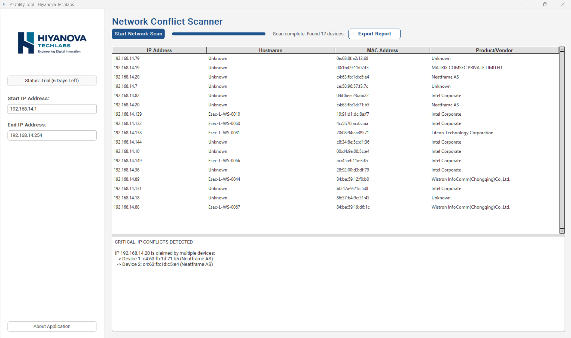 Hiyanova IP Utility Tool listing scanned devices and flagging an IP conflict